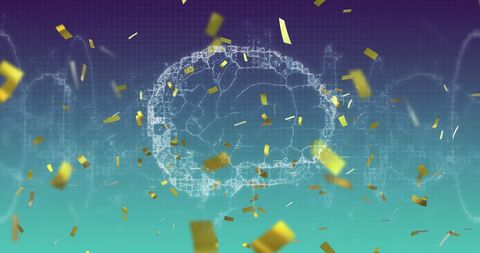 Gold confetti falling around spinning digital human brain