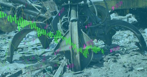 Junkyard crane with overlay of financial graphs