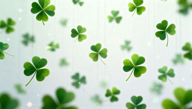 Floating shamrock clover background sparkling bokeh suspended leaflets for st patrick's day