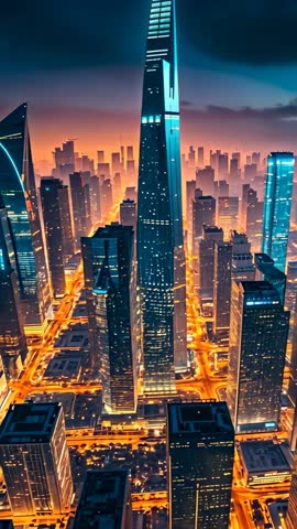 Futuristic Vertical Cityscape Showing Central Skyscraper Dominating Neon-Lit Dusk Skyline