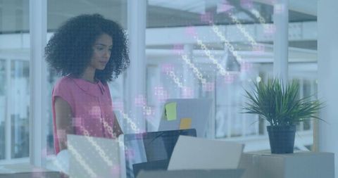 Woman exploring biotechnology advancements with dna overlay