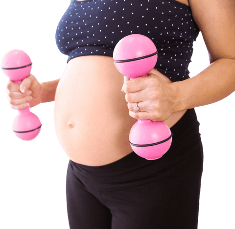 Pregnant woman exercising with pink dumbbells on transparent background