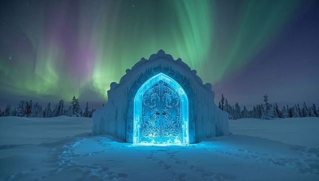 Magical Aurora Over Icy Archway in Winter Wilderness