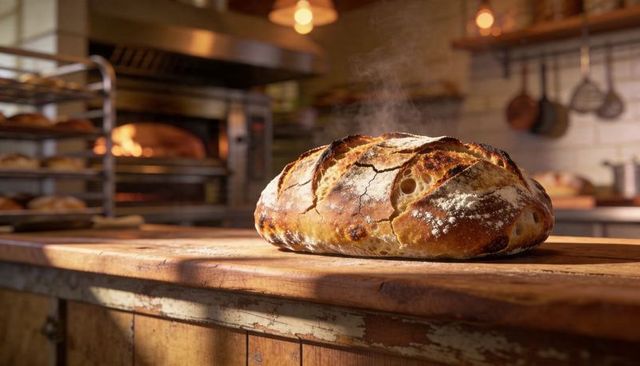 Steaming artisanal sourdough loaf resting on rustic wooden countertop in warm bakery