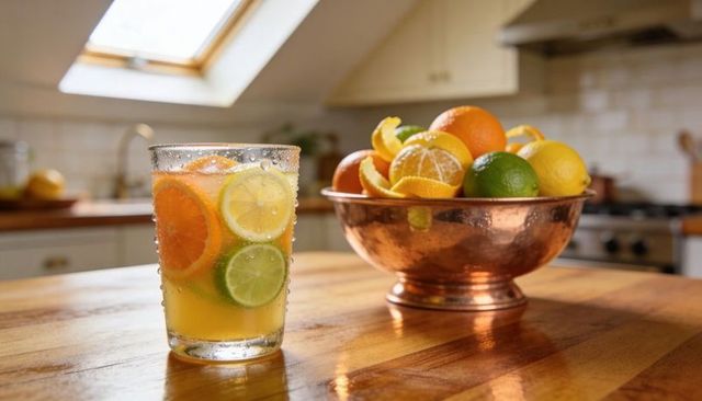 Refreshing citrus infused water with orange lemon lime slices on wood counter and copper bowl