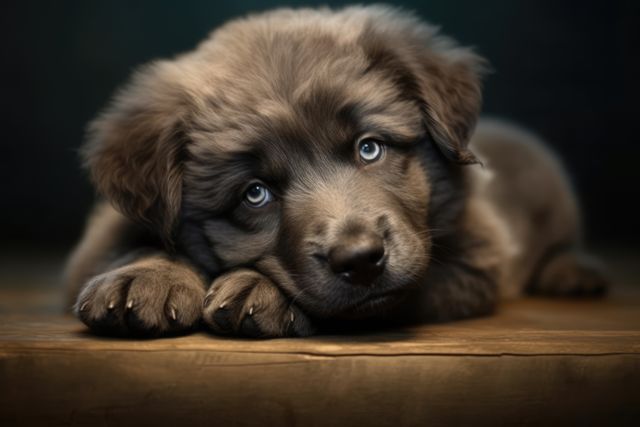 Portrait of cute grey puppy with blue eyes lying on wood, created using generative ai technology. Dogs, domestic animals and pets concept digitally generated image.