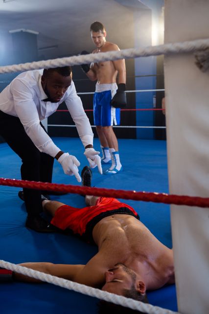 Referee counting out an unconscious boxer lying on the ring floor while another boxer stands in the background. This image can be used to depict the intensity and competitiveness of boxing matches, sportsmanship, and the dramatic moments in sports competitions. Ideal for articles, sports promotions, and motivational content.