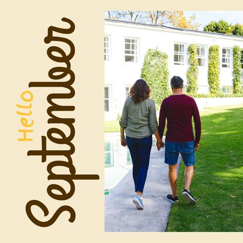 Welcoming september couple hiking in green garden