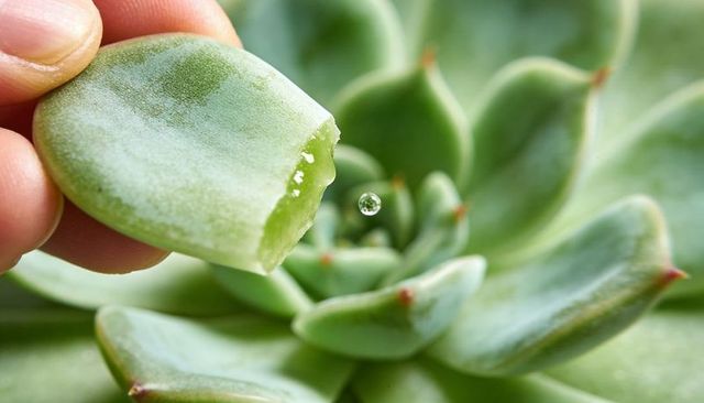 Succulent leaf cutting releasing water droplet reflecting rosette closeup for gardening