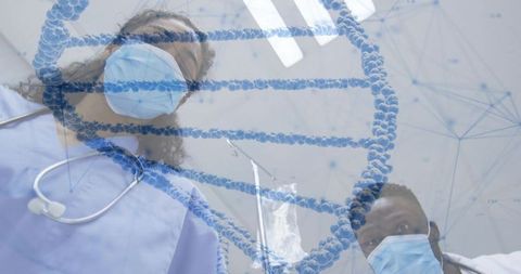 Masked medical team peering with stethoscope and dna helix overlay, futuristic healthcare