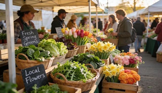 Colorful farmers market produce and flowers display with spring greens and tulips