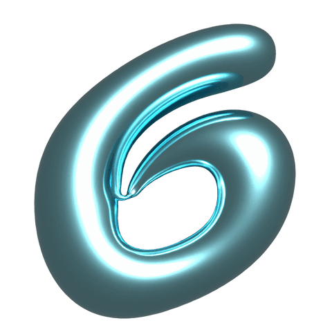 Transparent background glossy 3d numeral six in cyan chrome with tubular ridged design