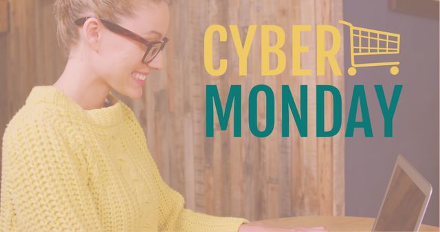 Digitally generated image of Cyber Monday text and woman using laptop 4k