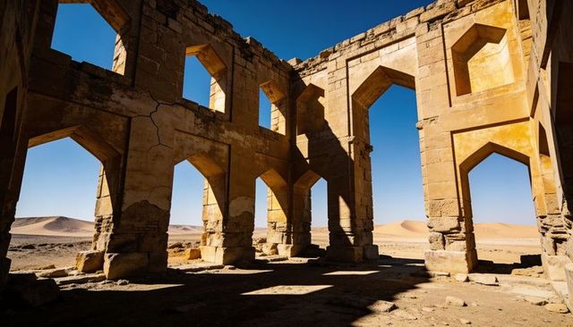 Standing sandstone ruins with pointed archways framing golden desert dunes and sunlight