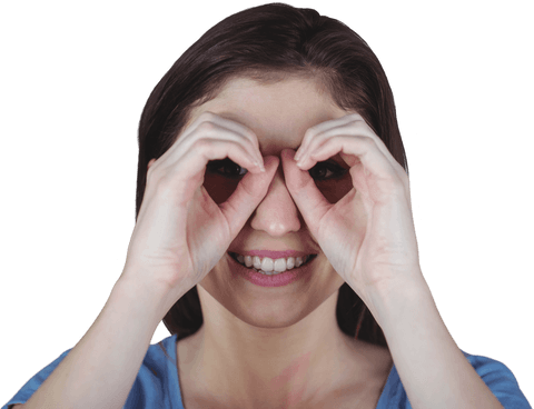 Smiling Woman Pretending Binoculars with Transparent Background
