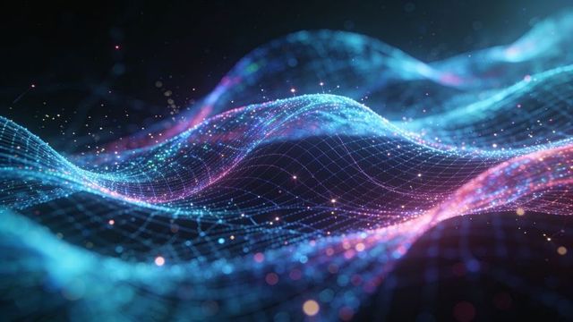 Neon wireframe wave visualizing digital data flow for futuristic network and ai tech