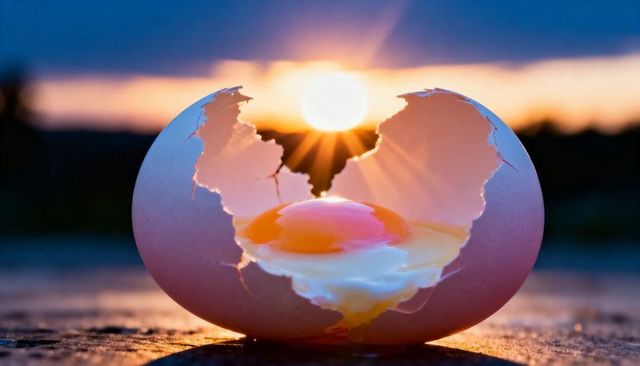 Cracked egg at sunrise spilling raw yolk on wet surface with golden backlight