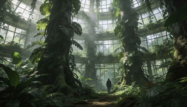 Silhouetted figure in overgrown glass conservatory with mossy trunks and sunlit ferns