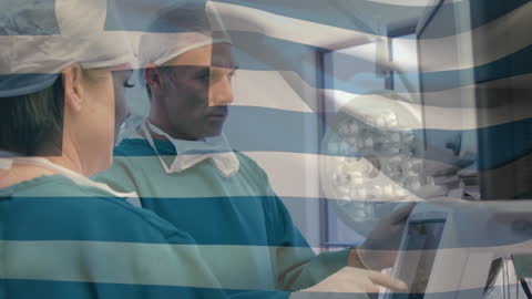 Greek Flag Overlay with Doctors in Surgical Setting