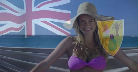 Happy Woman Relaxing by the Beach with Regional Symbols