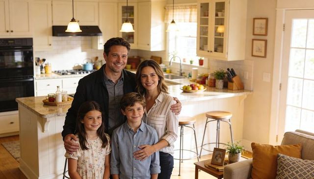 Smiling family standing in sunlit modern kitchen with island, pendant lights, fruit bowl