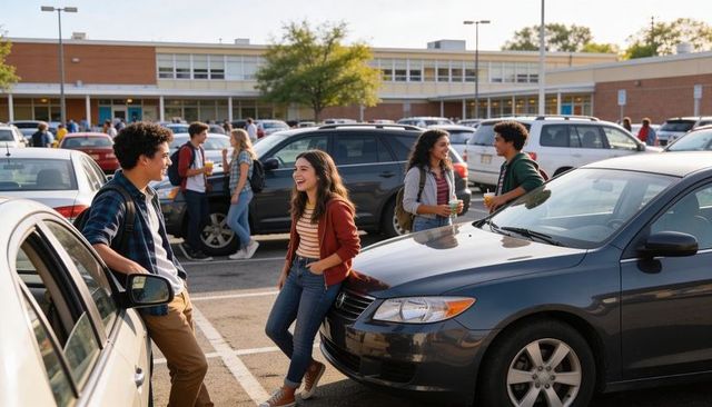 High school teens laughing and chatting in busy school parking lot after class