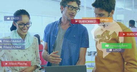 Team Collaborating with Digital Social Media Icons Overlay