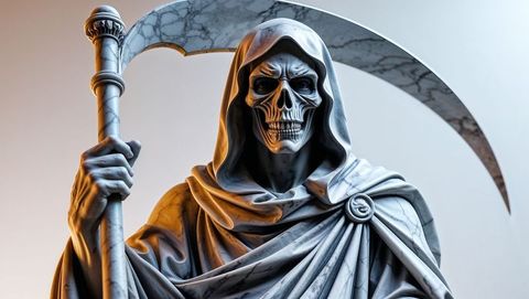 Marble Grim Reaper Statue with Scythe on Gradient Background