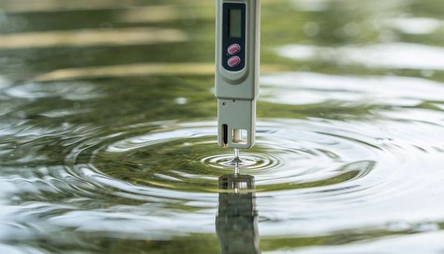 Handheld digital ph meter measuring pond water with droplet and ripples