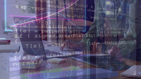 Double Exposure of Businesswoman and Computer Code Circuits