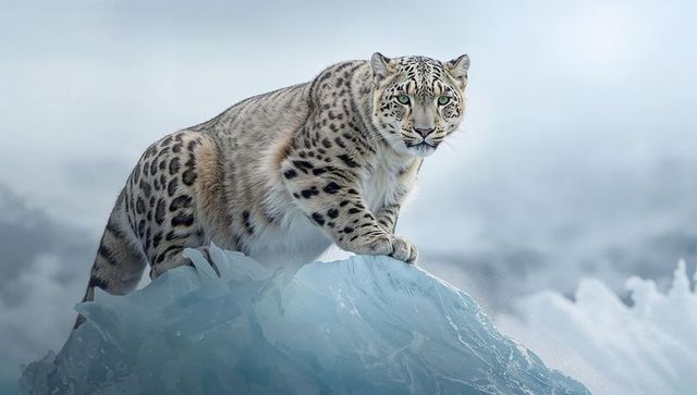 Snow leopard standing on blue ice ridge surveying frosty glacier misty alpine landscape