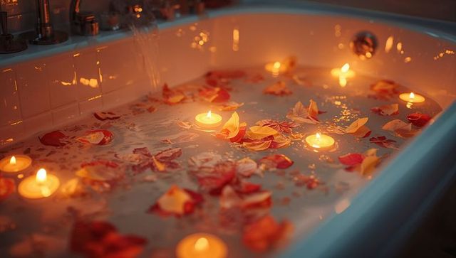 Luxurious bathtub with floating candles and rose petals