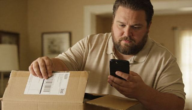 Bearded Man Checking Phone While Inspecting Shipping Label During Home Unboxing of Parcel