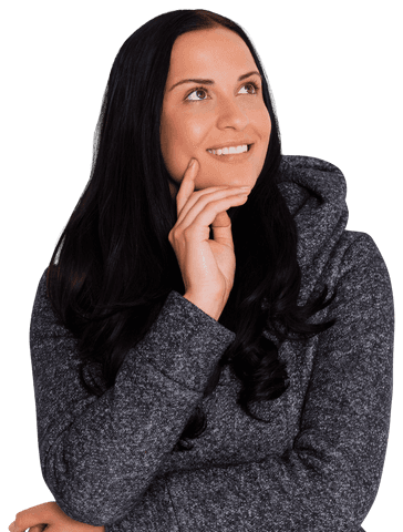 Happy Woman in Gray Hoodie Looking Thoughtfully at Transparent Background