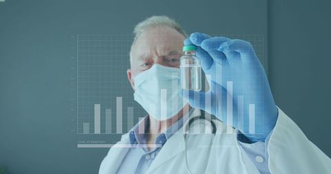 Senior Doctor Analyzing Vial with Research Data Visualization