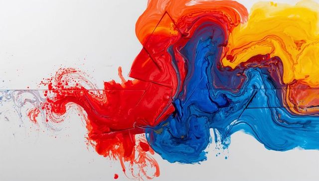 Vibrant Abstract Fluid Paint Composition with Geometric Accents