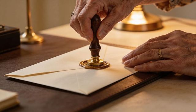 Senior woman sealing cream envelope with vintage wax stamp on desk, elegant stationery