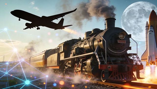 Vintage steam locomotive meets jet and rocket with digital network overlay at epic sunset