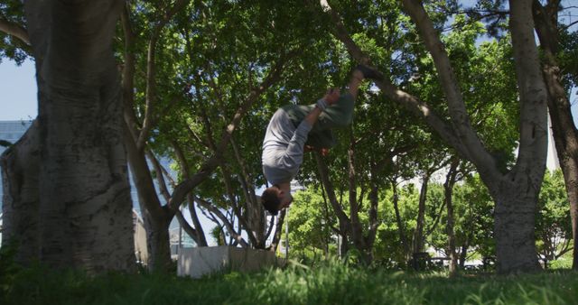Caucasian male free runner somersaulting in front of trees in sunny city, copy space. Energy, movement, summer, parkour, sport, urban culture, city architecture and lifestyle, unaltered.