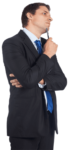 Businessman Pondering with Pen in Hand on Transparent Background