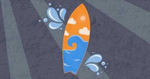 Vibrant Surfboard Design with Sun and Waves on Gray Background