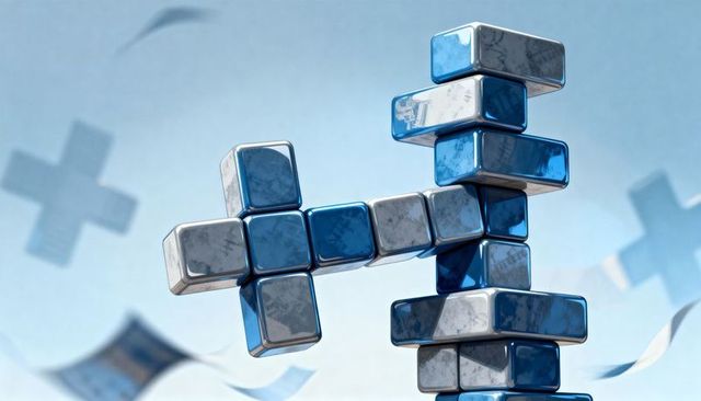 Glossy blue silver cuboid cross tower abstract metallic blocks plus sculpture