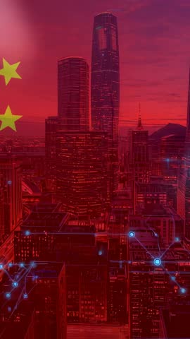 Vertical dusk skyline showing city connectivity, pulsing network nodes and fading flag stars