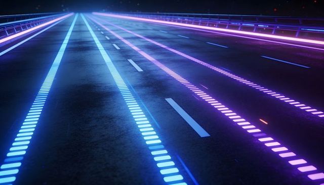 Futuristic neon multi-lane highway night scene with glowing cyan and magenta lane markers