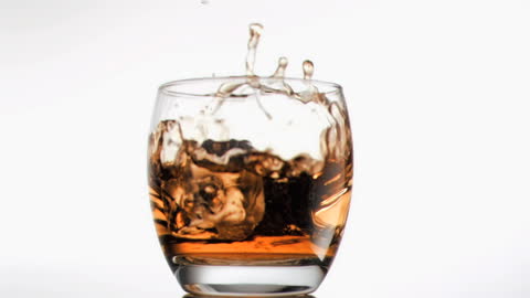Ice Cube Splashes into Whiskey in Motion