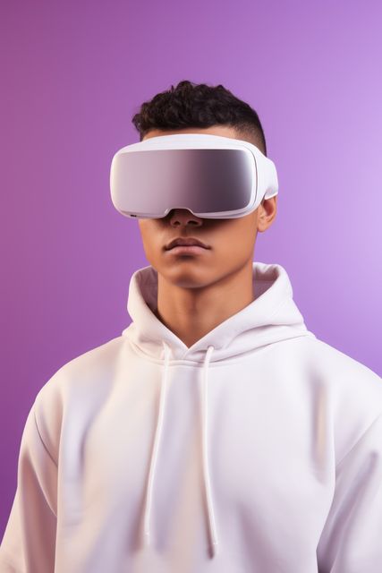 Biracial man wearing vr and ar headset on purple background, created using generative ai technology. Augmented and virtual reality and technology concept digitally generated image.