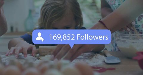 Woman guiding child baking at kitchen counter with social media 169k followers overlay