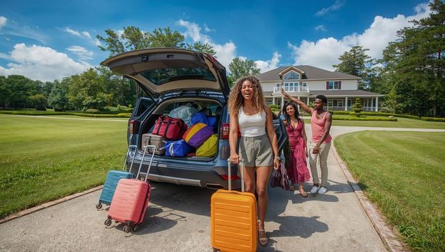 Friends arriving at vacation house pulling colorful suitcases from suv on sunny suburban driveway
