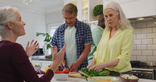 Image of happy diverse female and male senior friends preparing meal in kitchen, talking. retirement lifestyle, spending quality time with friends.