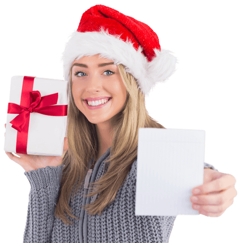 Cheerful Woman Holding Christmas Gift Wearing Santa Hat Transparent Background